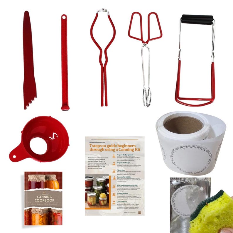 May include: A canning kit with red tools, a funnel, a jar lifter, tongs, a jar lid lifter, a roll of labels, a sponge, a jar with a label, and a canning cookbook. The instructions on the paper are titled "7 steps to guide beginners through using a Canning Kit".