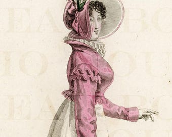 May include: An antique fashion illustration from 1819, titled "Costume Parisien." The image depicts a woman in a pink jacket, white dress with tiered lace, and a bonnet. The text at the bottom describes the clothing.