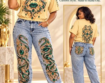 Emerald Green & Gold Snake Design Outfit – Yellow T-Shirt and Denim Jogger Set