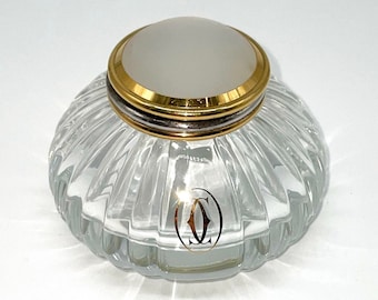 Vintage Cartier Crystal Inkwell: Must Gold Accents 1980s Paris flip top gilt logo stamp