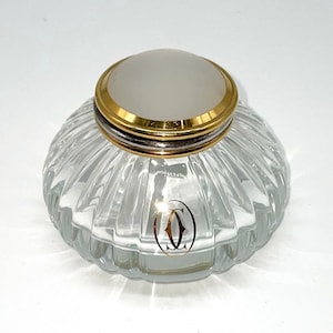 CARTIER Inkwell Vintage Cartier “Must de Cartier” crystal and gold flip top inkwell, gilt Cartier logo on side, Paris stamped Made in France