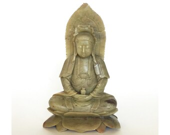 Antique Soapstone Quan Yin Buddha Statue: Collectible  Unique Chinese Onyx Sitting on Lotus Rare