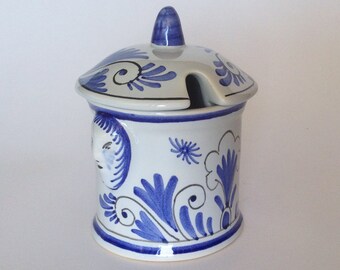 Vintage Maille 1747 French Mustard Pot: Hand-Painted Ceramic Pottery Dijon Blue White Two Signed