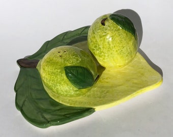 Vintage Lemon Ceramic Salt and Pepper Shakers with Tray Marked Handcrafted Lime Shakers Porcelain