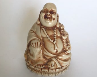 Antique Hand Carved Stone Hotei Okimono: Laughing Buddha Dragon Pearl Sculpture Netsuke Japanese