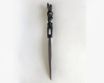 Vintage Carved Ebony Letter Opener: African Wood Figurine Sculpture  Knife Paper Collectible