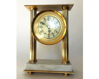 Vintage Vedette Mantel Clock: Marble Base Gold Tone Column 1950s French Onyx Collectible Unusual