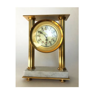 CLOCK FRENCH VEDETTE Vintage Marble Base Rare Onyx Mantel Clock Column Gold Tone 1950s Collectible Rare Clock Unusual Metal Golden Plated