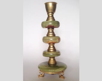 Vintage onyx-lampvoet: groen marmer met dolfijnsteunen Uniek verzamelobject in bruin goudkleur