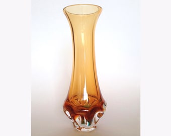 Vintage Czech Amber Crystal Vase: Mid Century Czechoslovakia Collectible Glass  Unique Rare 50th years