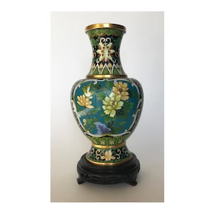 CLOISONNE VASE Antike chinesische seltene Qing-Dynastie Emaille Handbemalte goldene Vintage Vase Bronze Kupfer Vögel Blumen grün Sammlerstück selten