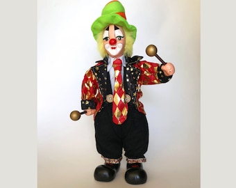 Vintage Musical Clown Doll: Harlequin with Drumsticks, Collectible Decor RARE Music Box Instrument