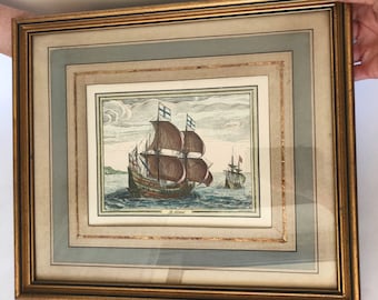 Antique 18th Century Ship Engraving by Bruegel: Rare Color Print Rare Limited Edition Collectible