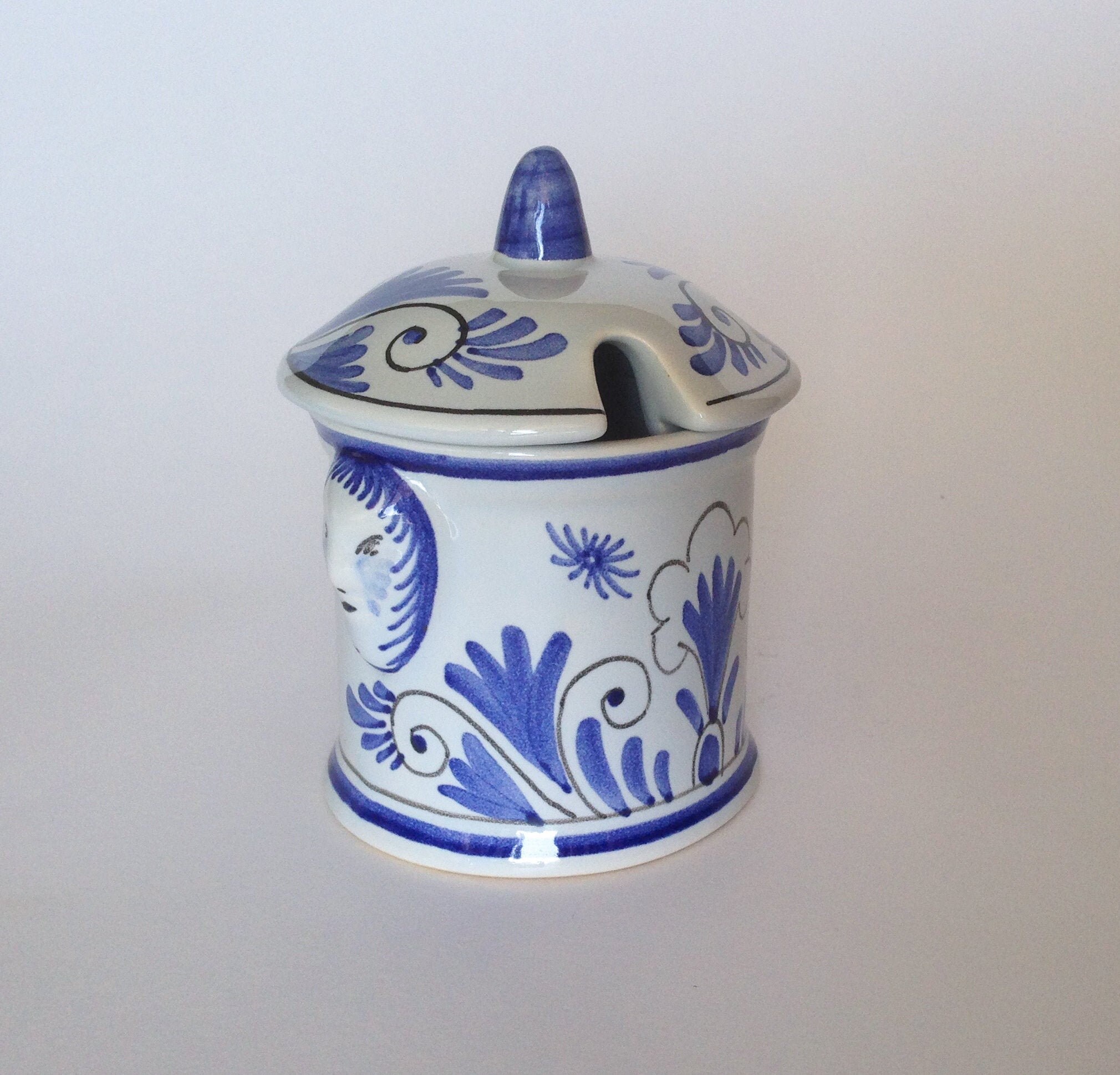 Français Pot Céramique Moutarde Vintage Dijon Maille 1747 Main Peint à La Main Bleu Blanc Poterie De