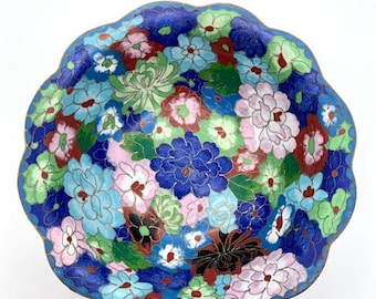 Antique Qing Dynasty Cloisonne Bowl: Flowers Decor Early Republic Era Blue Collectible Multi-Color