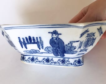 Antique Chinese Blue and White Octagonal Bowl: Chinoiserie Decor Ceramic Colllectible Rare Catchall Asian