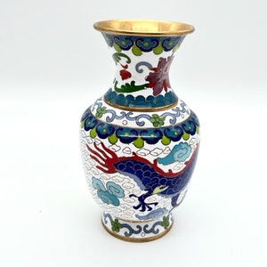 CLOISONNE VASE Antike Chinesische Seltene Qing Dynastie Emaille Handbemalen Goldene Vintage Vase Bronze Kupfer Drachen Perle Weiß Sammlerstück Selten