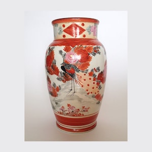 Antique Kutani Vase: Meiji Japanese Porcelain Red Hand-Painted Birds Flowers Signed circa 1868 Red