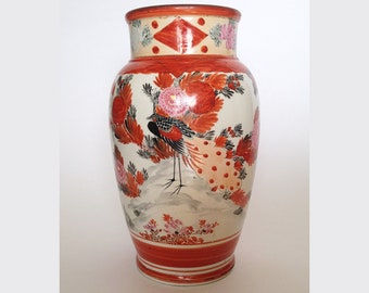 Antique Kutani Vase: Meiji Japanese Porcelain Red Hand-Painted Birds Flowers Signed circa 1868 Red