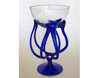 Vintage Jozefina Krosno Art Glass Bowl: Blue Cobalt Octopus Pedestal Candy Dish VASE