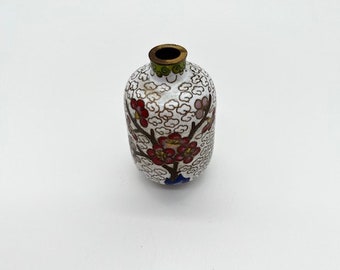 Antique 19th Century Chinese Cloisonne Vase: Enamel Small Cylinder Sacura Agave Mango Pomegranate