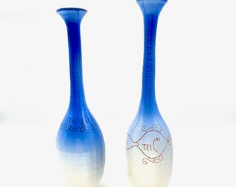 Enamel Ceramic Vases Pair: White Blue Gradation Signed Fish Colors Decor Home Ornament Collectibles