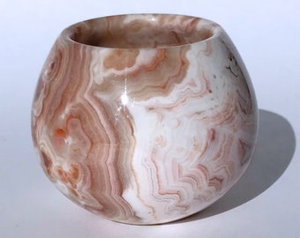 Vintage Onyx Marble Bowl: Carved Stone Vase Pink Beige Decor Unique Collectible Red White