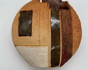 Yves Mohy Ceramic Vase: Mid-Century Modern Pottery Unique Rare Grès Sandstone Stripes Enamel