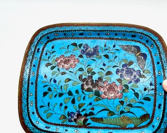 Antique Meiji Period Cloisonné Tray: Butterfly Flowers Japanese Enamel Footed Plate HandPaint Golden Multicolor