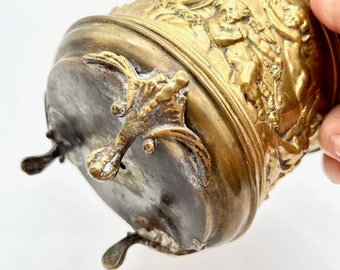 Antique Signed Brass Cachepot: 19th Century Louis XVI Cherub Planter Copper Napoleon III