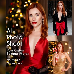May include: A promotional image for an AI photo shoot service. The image features a woman in a red satin dress, with additional images showcasing her in a black dress with a red bow and a gold strapless dress. Text on the image reads: AI Photo Shoot, Your Custom Editorial Photos, No Studio, No Pressure.