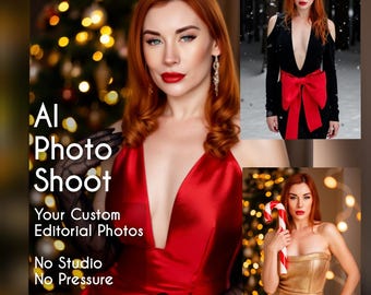 Puede incluir: Imagen promocional para un servicio de sesión de fotos con IA. La imagen presenta a una mujer con un vestido de satén rojo, con imágenes adicionales que la muestran con un vestido negro con un lazo rojo y un vestido dorado sin tirantes. Texto: AI Photo Shoot, Your Custom Editorial Photos, No Studio, No Pressure.