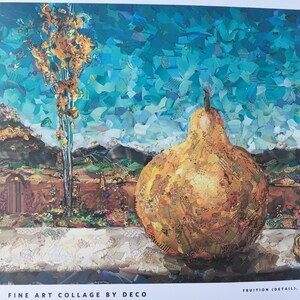 May include: A collage artwork depicting a large, golden pear with a textured surface. The pear is sitting on a white surface with a small, round, golden object next to it. The background is a collage of blue, green, and brown paper scraps, creating a landscape scene with a tree and mountains.
