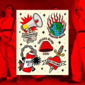 May include: A collection of traditional tattoo flash art on a cream background. Designs include a megaphone, a globe engulfed in flames, a red and white spray can, a dagger through a heart, and the words "Uncontrollable Urge", "Beautiful World", "Whip It", "Through Being Cool", and "Gut Feeling".