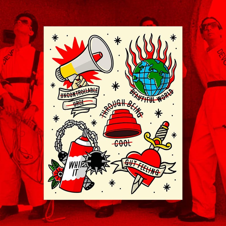 May include: A collection of traditional tattoo flash art on a cream background. Designs include a megaphone, a globe engulfed in flames, a red and white spray can, a dagger through a heart, and the words "Uncontrollable Urge", "Beautiful World", "Whip It", "Through Being Cool", and "Gut Feeling".