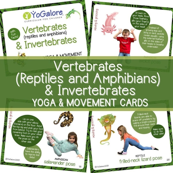 Tarjetas de posturas de yoga y movimiento para reptiles, anfibios e invertebrados