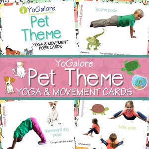 Pode incluir: Um conjunto de cartões de poses de yoga coloridos com diferentes animais, incluindo um gato, um cão, uma iguana e uma tartaruga. Os cartões são projetados para crianças e apresentam poses de yoga simples que são fáceis de aprender. Os cartões são intitulados "YoGalore Pet Theme Yoga & Movement Cards".