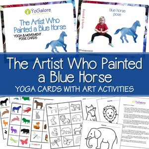 Plan de lección de arte "El artista que pintó un caballo azul" con tarjetas de yoga y movimiento para preescolar y jardín de infantes.