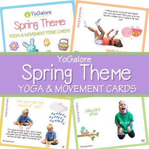 May include: A set of 12 colorful yoga and movement pose cards for kids featuring a spring theme. The cards feature illustrations of a baby bird, a beetle, a bunny, a chick, and a basket of Easter eggs. The cards also include instructions for each pose, such as "Can you make the sound of rain?" and "Pretend you're a bug and have flipped over onto your back."
