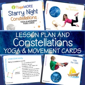 Constellations yogahoudingskaarten, sterrenbeelden yogahoudingen voor kinderen, sterrennachtyoga voor kleuters met yogalesplan