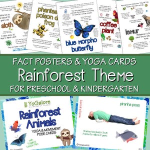 May include: Educational posters and yoga cards with a rainforest theme. The posters display facts about sloths, poison dart frogs, and blue morpho butterflies. Yoga cards demonstrate poses such as the piranha pose.