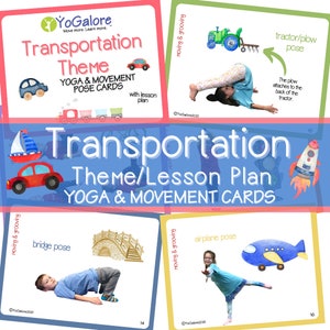 Tarjetas de posturas de yoga y movimiento con temática de transporte