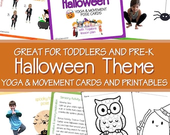 Schede di yoga e movimento a tema Halloween e piano di lezione Yogalore per bambini in età prescolare e dell'asilo
