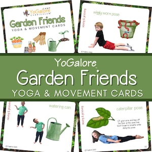 May include: A set of "Garden Friends" yoga and movement cards by YoGalore. The cards feature illustrations of garden-themed items and children demonstrating yoga poses. The cards include text such as "wiggly worm pose" and "caterpillar pose".