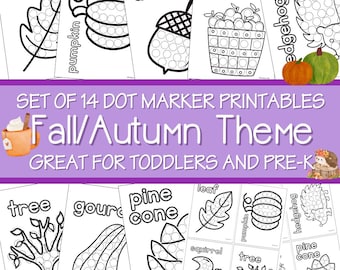 Pagine da colorare autunnali stampabili e fogli con pennarelli a pois / Attività per la scuola materna / Download immediato