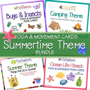 Lot de cartes de yoga et de mouvement estival pour enfants à imprimer sur la plage et sur le thème de l'été