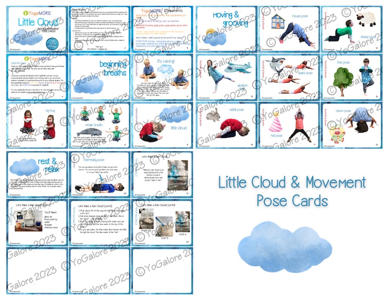 May include: A set of 16 colorful illustrated cards featuring yoga poses for kids. The cards are designed with a blue cloud theme and include instructions for each pose. The cards are titled "Little Cloud & Movement Pose Cards".