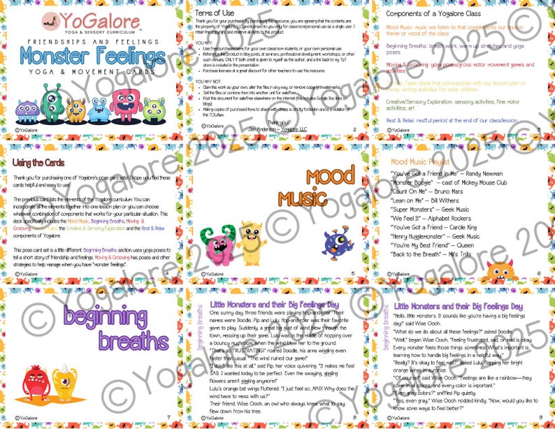 Pu&ograve; includere: Un set di carte da yoga colorate con illustrazioni di mostri e il testo "Monster Feelings: Yoga & Movement Cards". Le carte sono progettate per aiutare i bambini a imparare sull'amicizia e sui sentimenti attraverso le pose di yoga e il movimento.