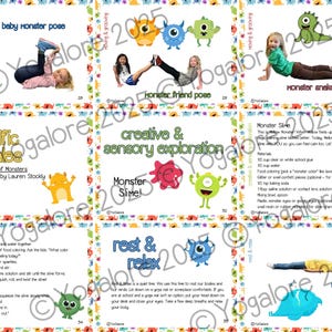 Pu&ograve; includere: Un set di carte stampabili colorate a tema mostri per pose yoga, attivit&agrave; sensoriali e relax. Le carte presentano illustrazioni di mostri amichevoli e istruzioni per attivit&agrave; come "Happy Baby Monster Pose", "Monster Friend Pose", "Monster Snake Pose", "Creative & Sensory Exploration", "Monster Slime", "Rest & Relax" e "Rest Ready Pose".