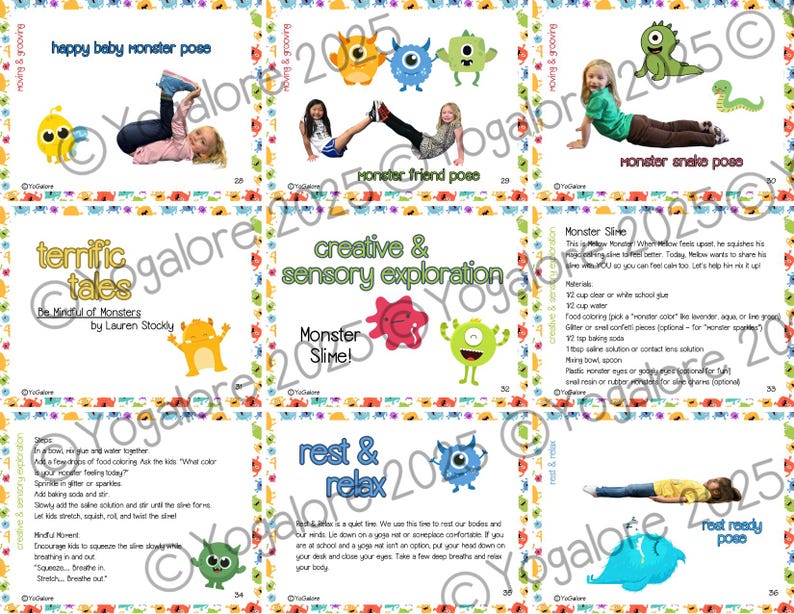 Pu&ograve; includere: Un set di carte stampabili colorate a tema mostri per pose yoga, attivit&agrave; sensoriali e relax. Le carte presentano illustrazioni di mostri amichevoli e istruzioni per attivit&agrave; come "Happy Baby Monster Pose", "Monster Friend Pose", "Monster Snake Pose", "Creative & Sensory Exploration", "Monster Slime", "Rest & Relax" e "Rest Ready Pose".